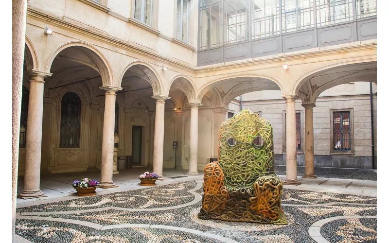Palazzo Morando, Milan, Italy. Holds the history of fashion museum. Beautiful shot of its main square that presents contemporary arts. July 2019.