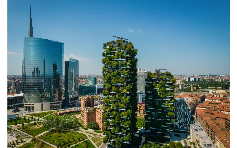Aerial photo of Bosco Verticale, Vertical Forest in Milan, Porta Nuova district