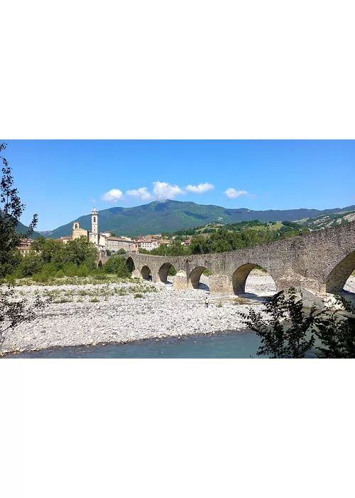 Bobbio(PC), Vista del Ponte gobbo e del fiume Trebbia, archivio Immagini Comune di PIacenza, Licenza CC-BY-NC-SA, 3.0