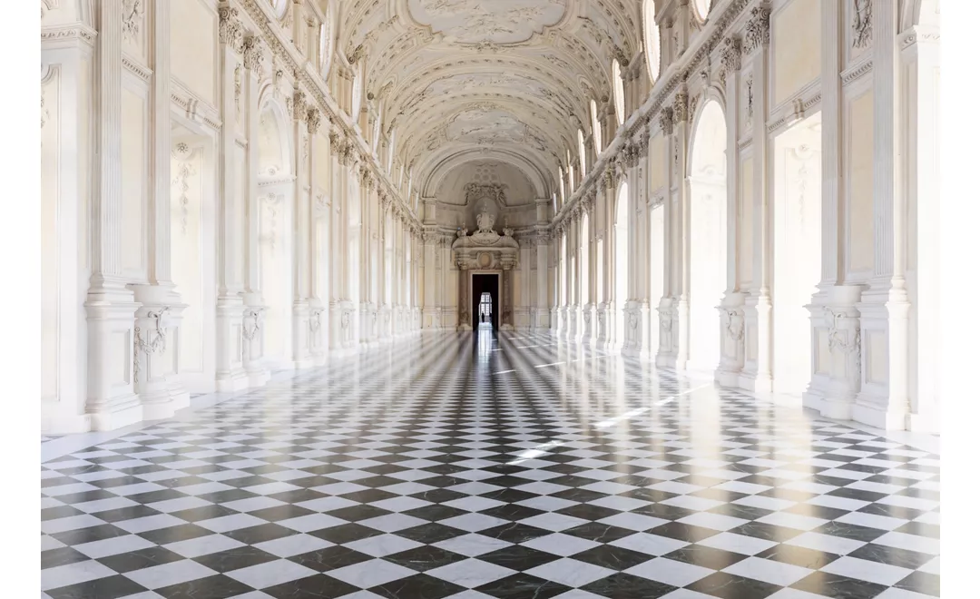 Reggia di Venaria Reale, Italy - corridor perspective, luxury marble, gallery and windows - Royal palace