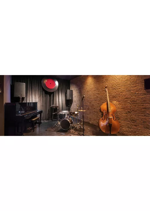 Modern jazz bar interior design, stage with black piano and cello