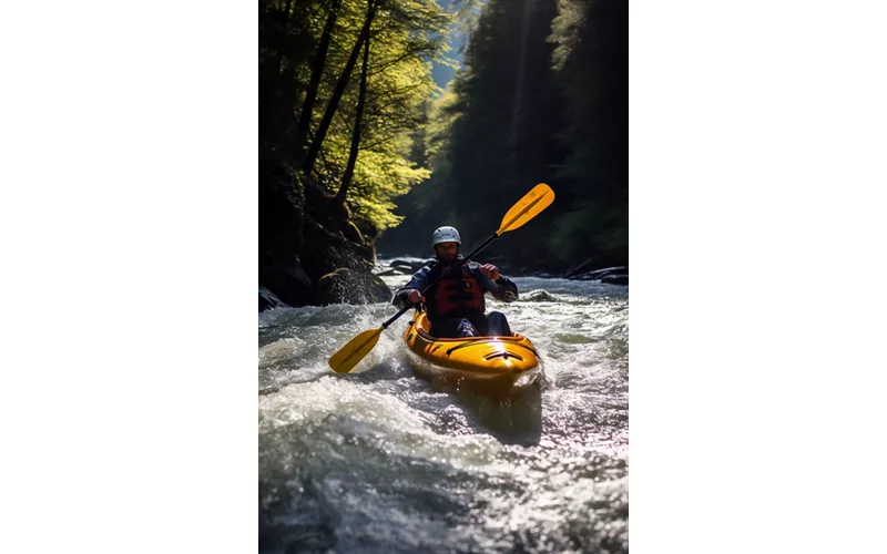 Kayaking Whitewater. extreme kayaking. A guy in a kayak floats down on river. vertical orientation